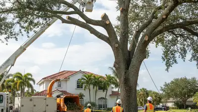Professional crew performing safe tree removal with bucket truck at Clearwater FL residential property