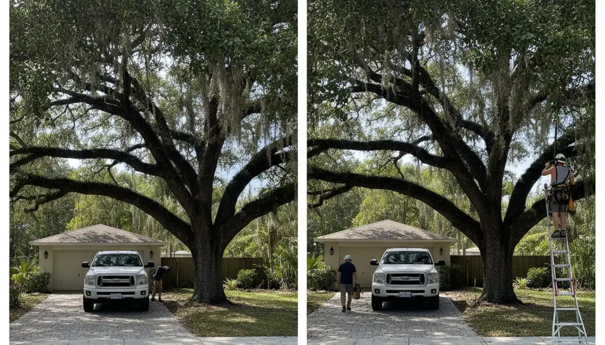 Arborist performing canopy lift tree trimming near driveway in Clearwater, FL for improved clearance