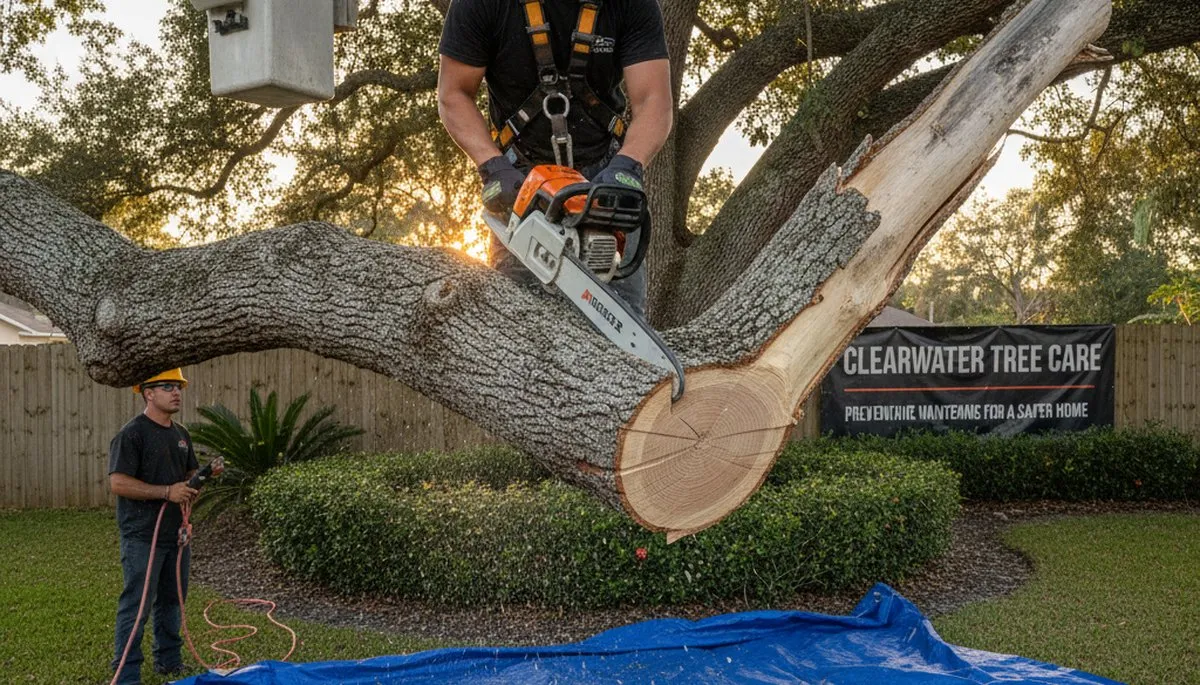 Arborists performing deadwood removal on residential tree in Clearwater, FL to prevent branch hazards