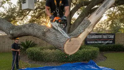 Arborists performing deadwood removal on residential tree in Clearwater, FL to prevent branch hazards