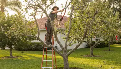 Arborist pruning fruit tree in Clearwater FL orchard for healthy growth and storm-ready tree care