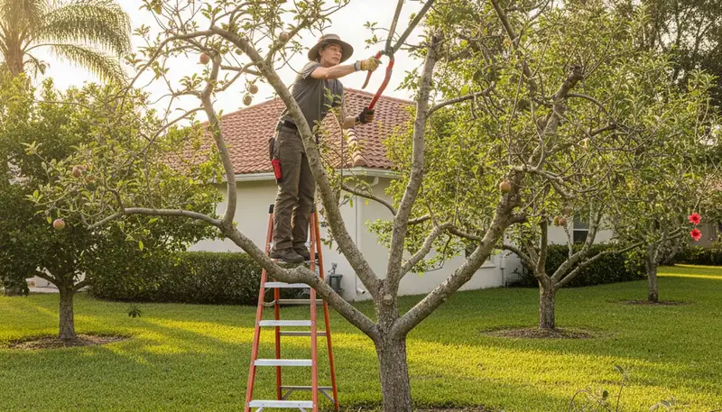 Arborist pruning fruit tree in Clearwater FL orchard for healthy growth and storm-ready tree care