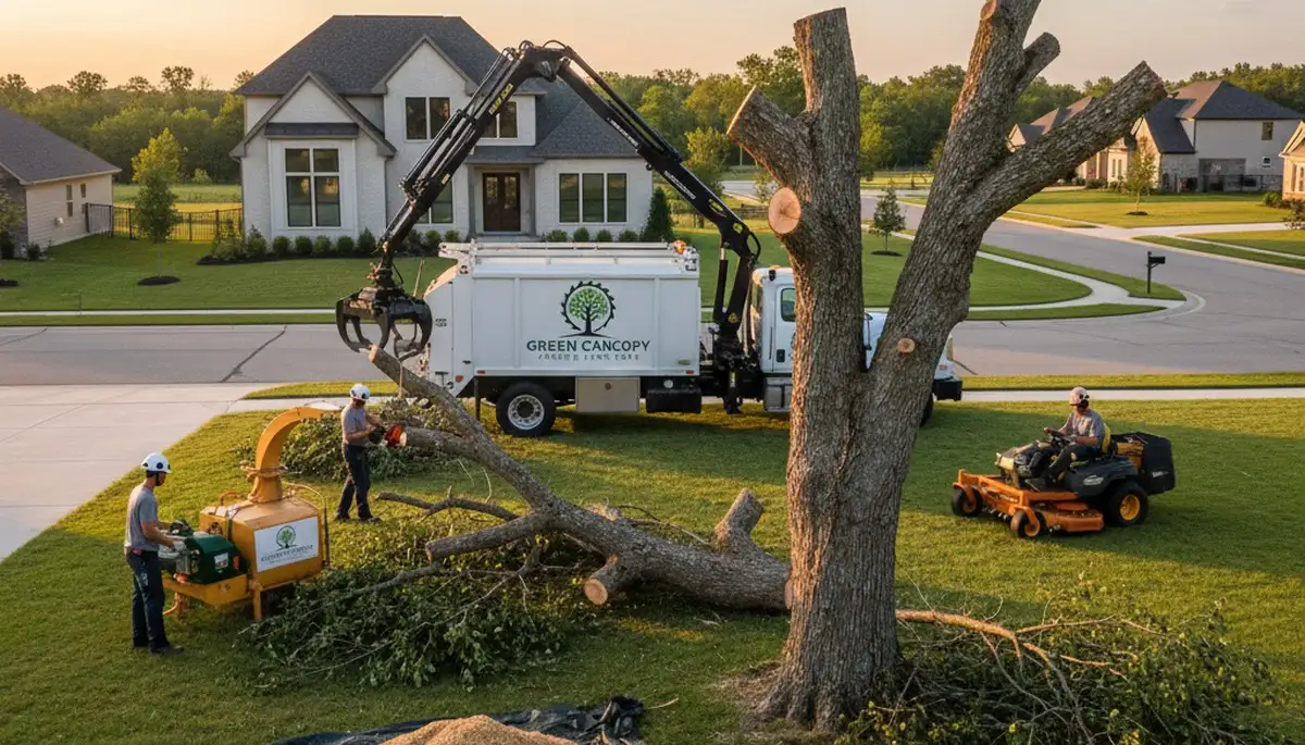 Professional lawn and tree service team working in Clearwater, FL yard maintenance project