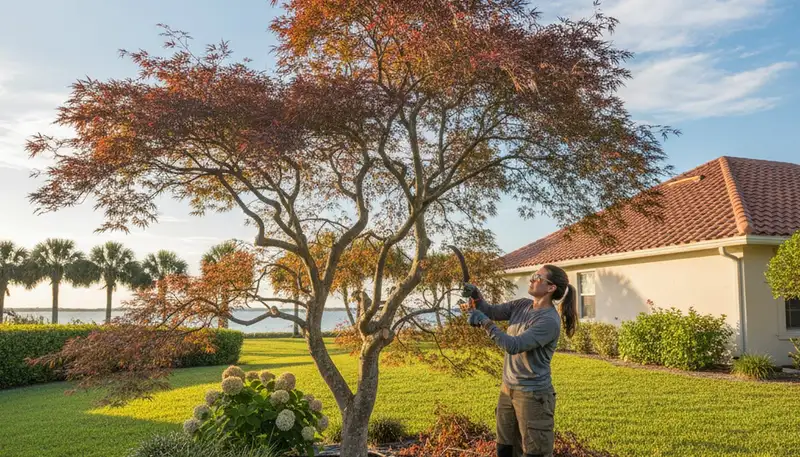 Arborist hand pruning ornamental Japanese maple for Clearwater FL home landscape curb appeal