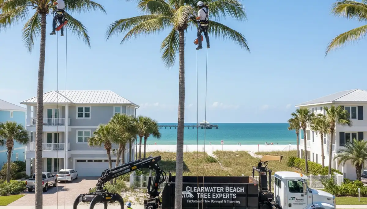 Professional tree removal service crew in Clearwater FL safely cutting and clearing large oak tree