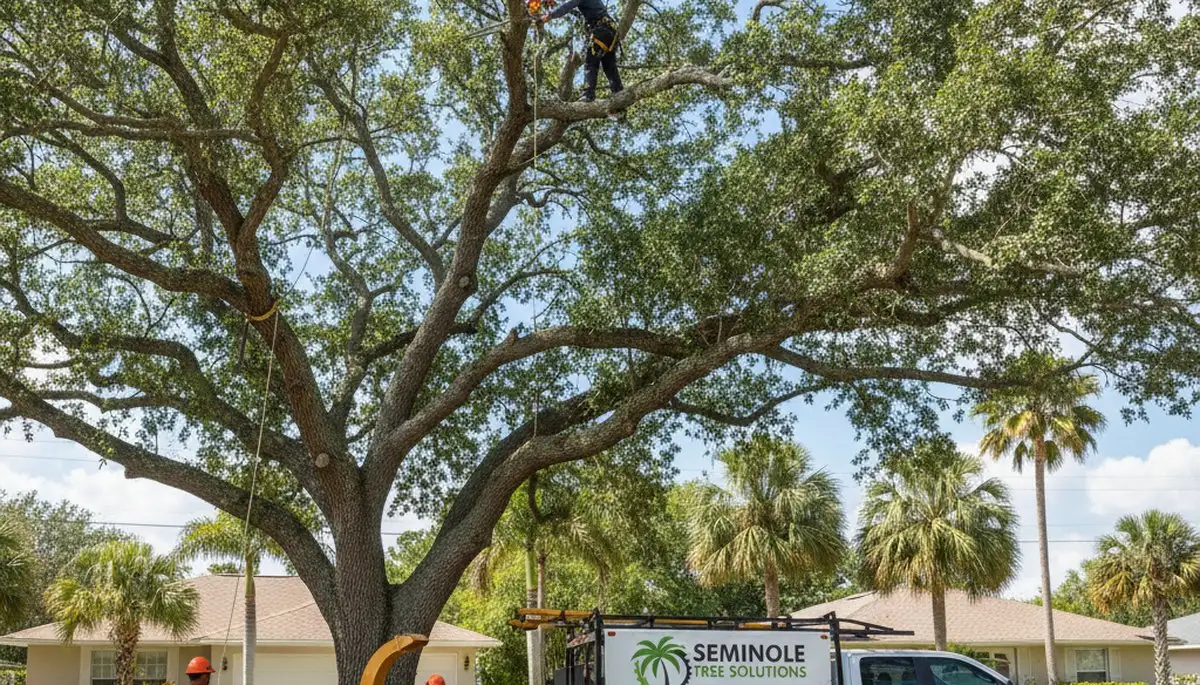 Professional tree removal service crew working safely in Clearwater, FL yard